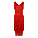 V-neck Stitched Tassel High Waist Back Split Banquet Evening Dress