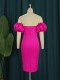 Three Dimensional Rose Bubble Sleeve One Shoulder Evening Dress