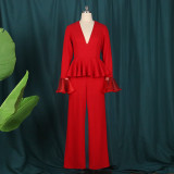 V-neck Flare Sleeve Ruffle High Waist Wide Leg Pants Jumpsuit