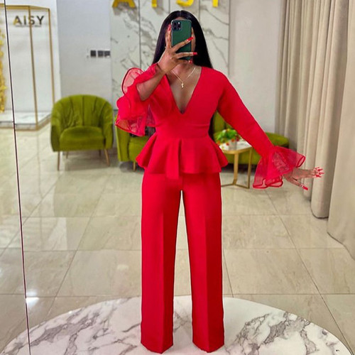 V-neck Flare Sleeve Ruffle High Waist Wide Leg Pants Jumpsuit