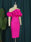 Three Dimensional Rose Bubble Sleeve One Shoulder Evening Dress