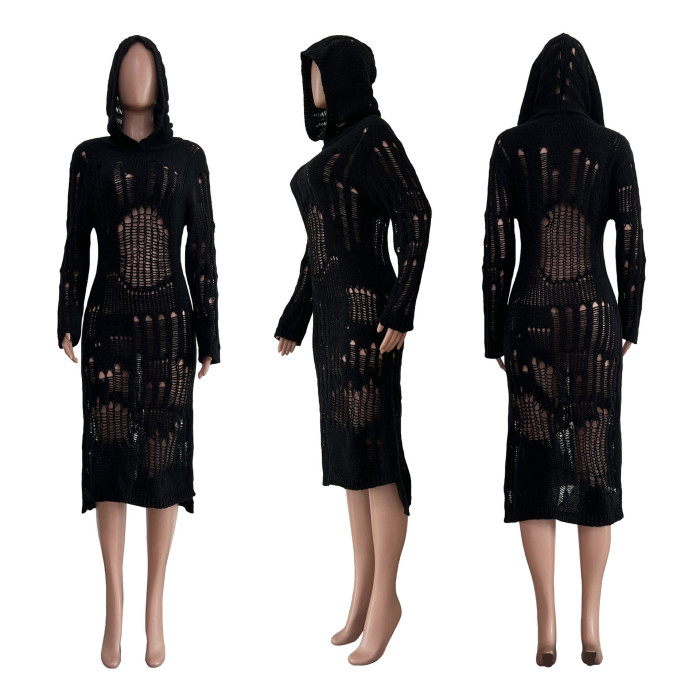 Knit Hollow Out Sexy Hoodies Dress