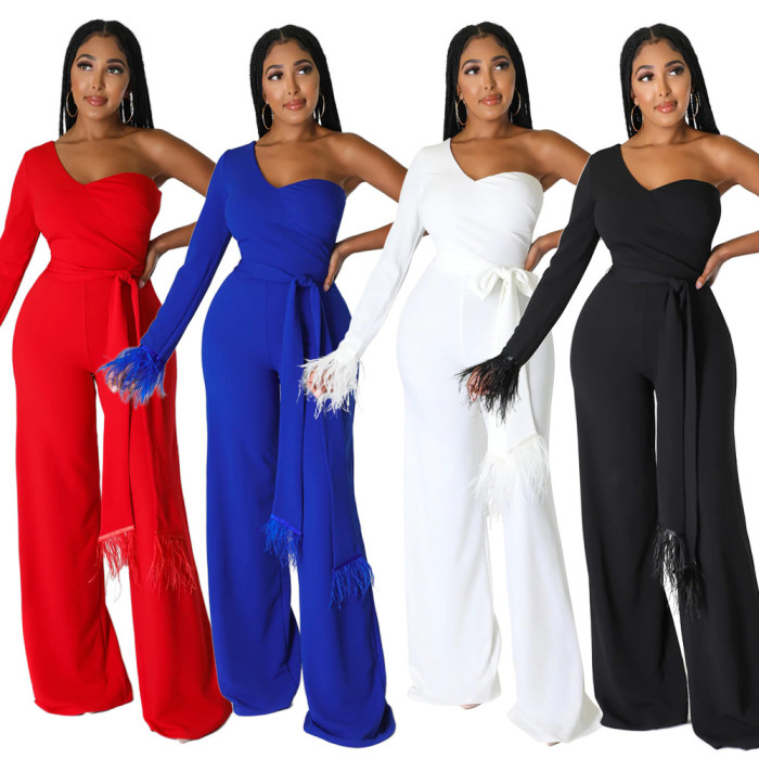 Women One Shoulder Long Sleeve Loose Jumpsuit 