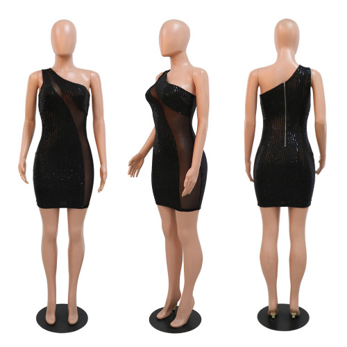 One Shoulder Sequin Patchwork Mesh Bodycon A-Line Short Club Dress