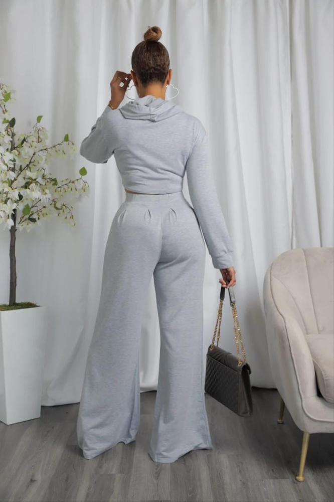 Solid Color Pleated Casual Long Sleeve Wide Leg Two-piece Set