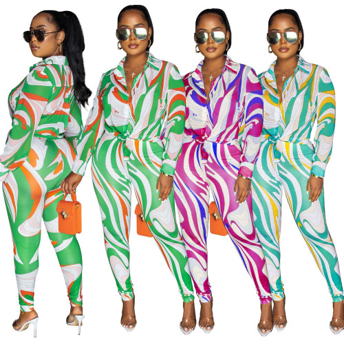Women Fashion Colorblock Print Long Sleeve Top + Pant Two-piece Set