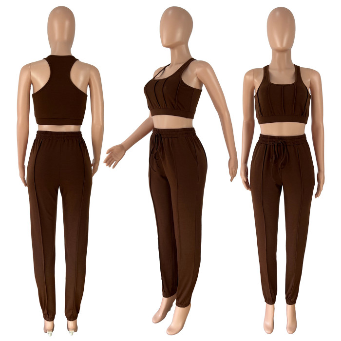 Women Line Design Vest + Oants Casual Two Piece Set