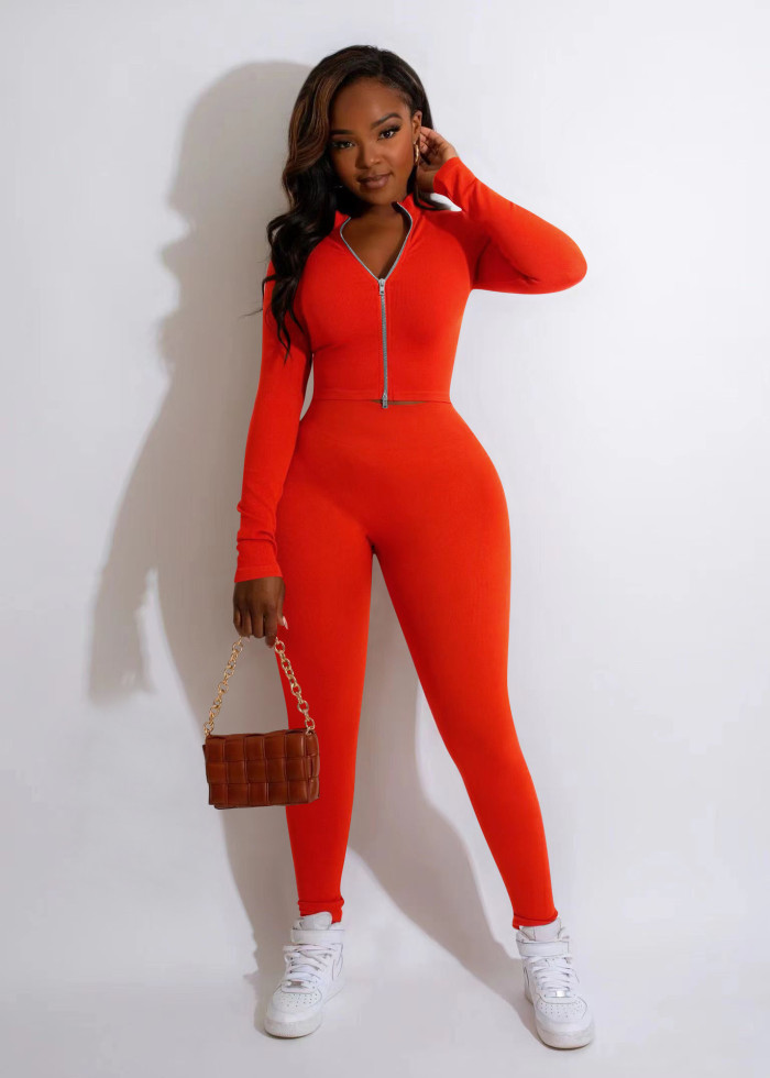 Women Solid Color Zipper Top + pants Two-piece Set
