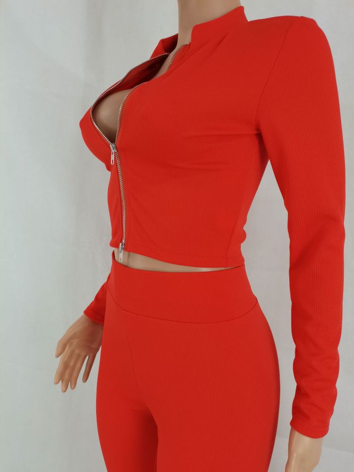 Women Solid Color Zipper Top + pants Two-piece Set