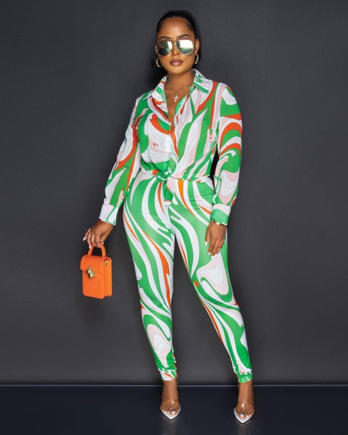 Women Fashion Colorblock Print Long Sleeve Top + Pant Two-piece Set