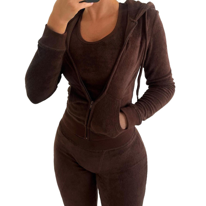 Women Fleece Vest Hooded Three-Piece