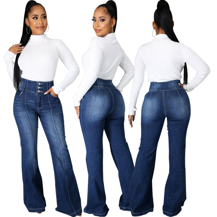 Trendy Patchwork Button Up High Waist Washed Denim Stretch Slim Bell Bottom Pants Flared Jeans