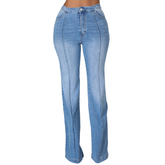 Trendy Patchwork Washed Denim Stretch Slim Bell Bottom Pants Flared Jeans