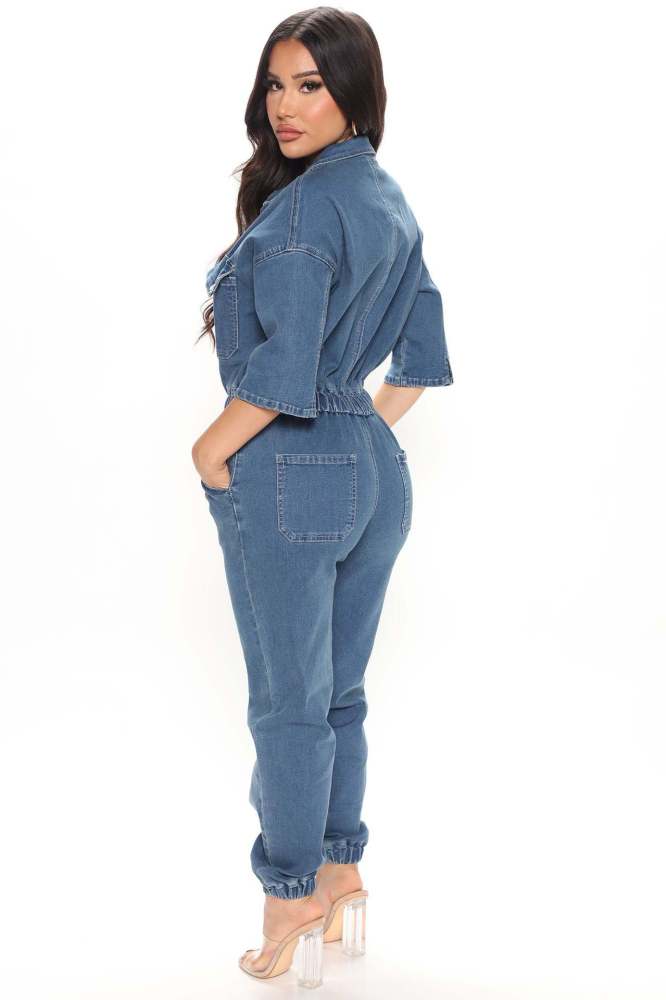Women Casual Pocket Half Sleeve Denim Jumpsuit