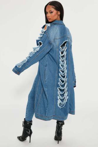 Ladies Fashion Ripped Long Sleeve Off Shoulder Denim Trench Coat Cardigan Denim Cape