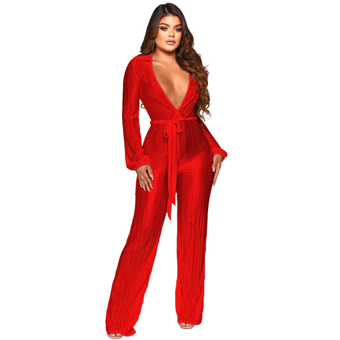 Low Cut Sexy Lapel Long Sleeve Draping Pleated Jumpsuit