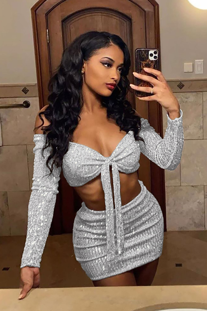 One Shoulder Long Sleeve Sequins Lace Up Sexy Dress Party two-piece Set