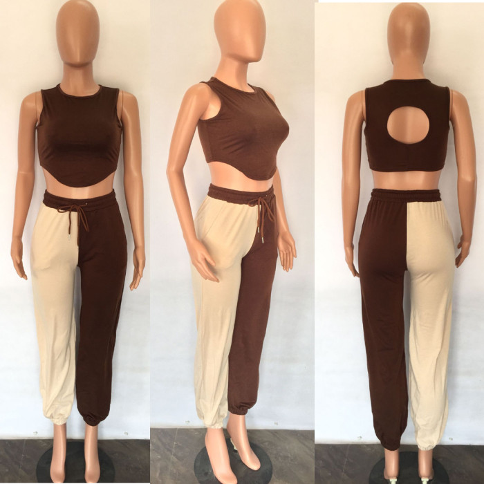 Sexy Sleeveless Back Hollow Out Cropped Tank Top Contrast Pants Two Piece Tracksuit