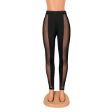 Sexy Black Mesh Patch See Through High Waist Skinny Pants