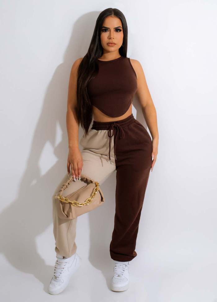 Sexy Sleeveless Back Hollow Out Cropped Tank Top Contrast Pants Two Piece Tracksuit