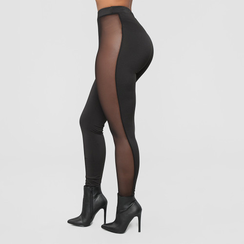 Sexy Black Mesh Patch See Through High Waist Skinny Pants