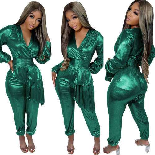 Long Sleeve Sexy Pit Strip Gilded V-neck Long Jumpsuit