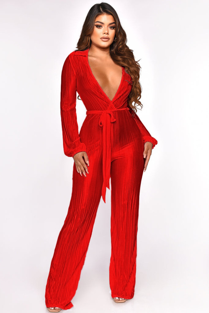 Low Cut Sexy Lapel Long Sleeve Draping Pleated Jumpsuit