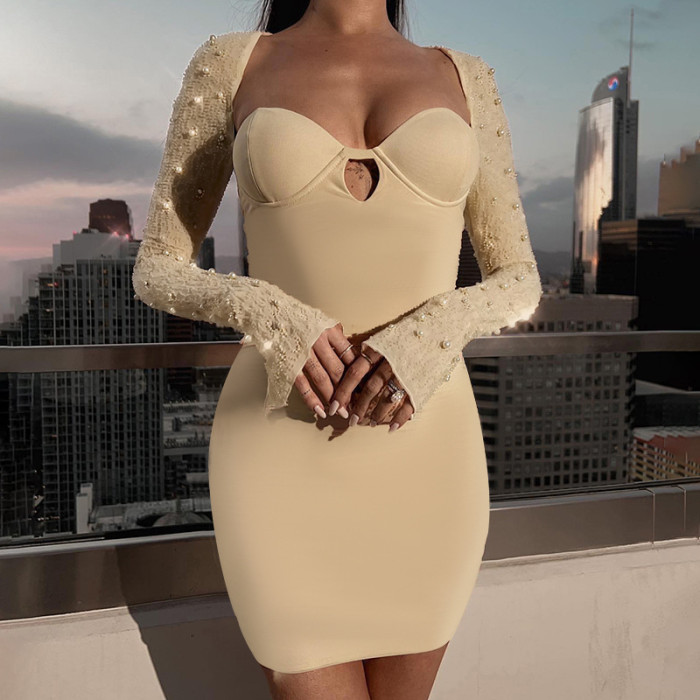 Chic Plunging Low Back Beaded Long Sleeve Bodycon Dress
