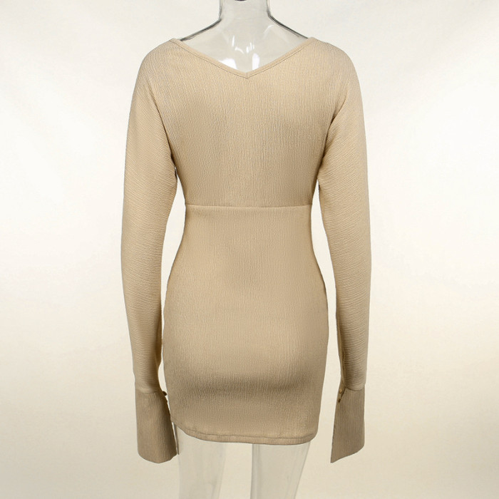 V-Neck Solid Long Sleeve Hip Wrap Short Dress