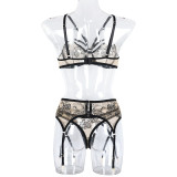 see through push up Breast Transparent Flow Embroidery Three pieces sexy Garter Belt Set Black Rose flower