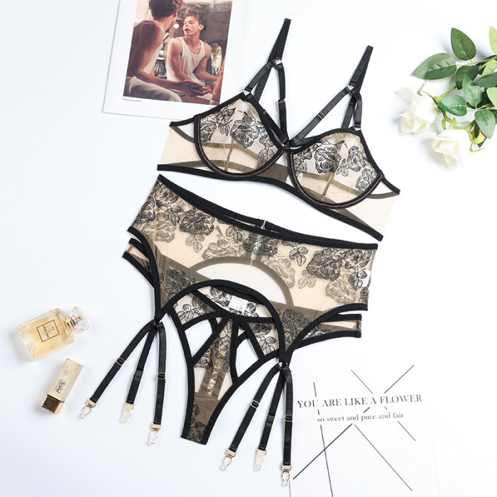 see through push up Breast Transparent Flow Embroidery Three pieces sexy Garter Belt Set Black Rose flower