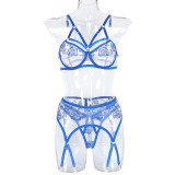 see through push up Breast Transparent Flow Embroidery Three pieces sexy Garter Belt Set Black Rose flower