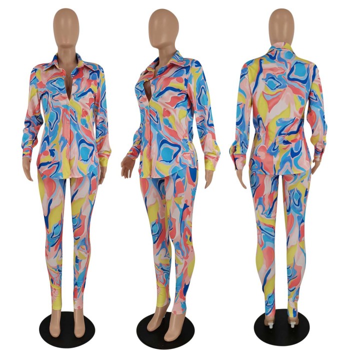 Women's Print Button Long Sleeve Shirt Top And Pants Two Piece Set