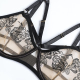 see through push up Breast Transparent Flow Embroidery Three pieces sexy Garter Belt Set Black Rose flower