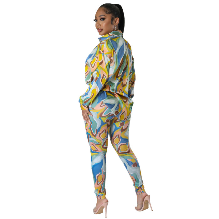 Women's Print Button Long Sleeve Shirt Top And Pants Two Piece Set