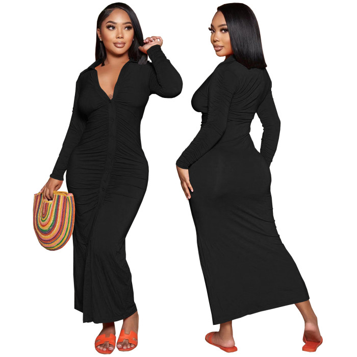 Fall/Winter Ruched Solid Color Long Sleeve Sim Fitted Maxi Dress