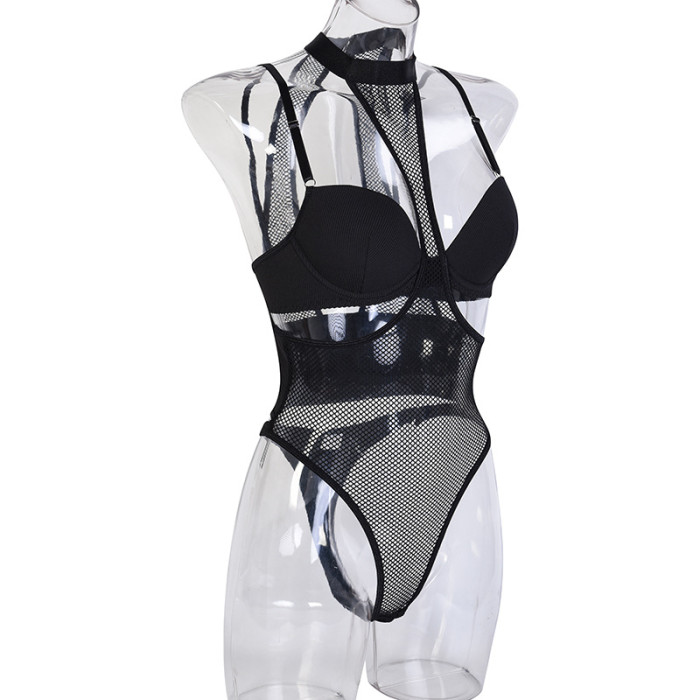 Neck Mesh Splice Sexy Body Shaping Two Piece Set