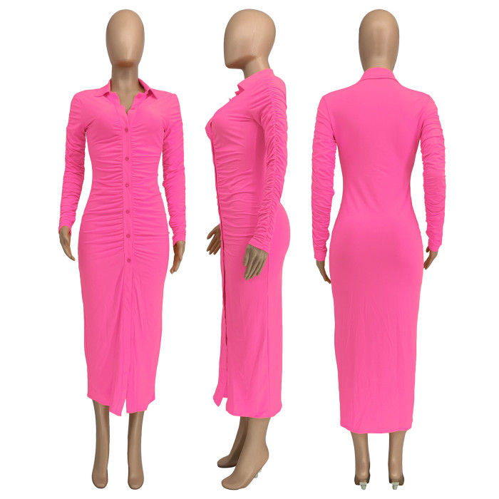 Fall/Winter Ruched Solid Color Long Sleeve Sim Fitted Maxi Dress