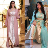 Women Tape Belted Islamic Clothing Kaftan Abaya Muslim Dress two piece set