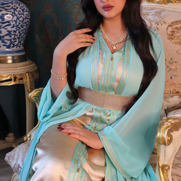 Women Tape Belted Islamic Clothing Kaftan Abaya Muslim Dress two piece set