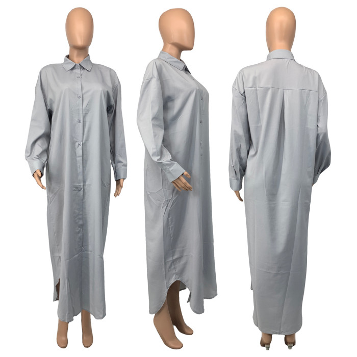 Fashion Casual Solid Long Sleeve Long Shirt Dress