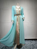 Women Tape Belted Islamic Clothing Kaftan Abaya Muslim Dress two piece set