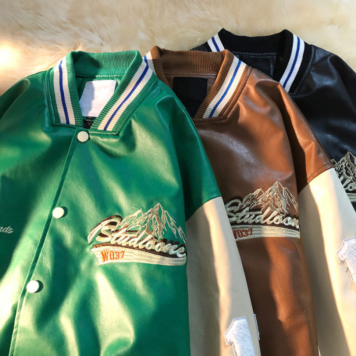 PU Leather Embroidered Jacket Men's Loose Color Contrast Bomber Jacket