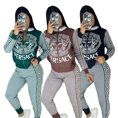 Casual Pit Positioning Printing Tracksuits Women Elegant Zip Two-Pieces Joggers Sets