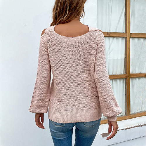 Crew Neck Cold Shoulder Hollow-out Back Sweater