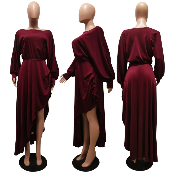 Fall Solid Color Off Shoulder Ruffled Slit Dress 