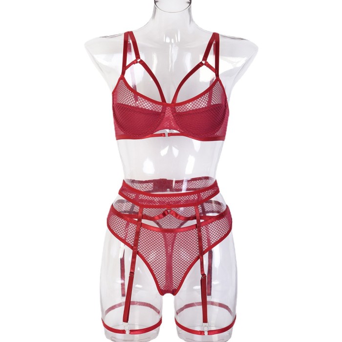 Sexy Mesh Bandage Cut Out Underwire Bra Mesh See Through Underwear Lingerie Set With Suspenders