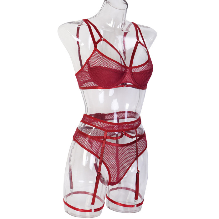 Sexy Mesh Bandage Cut Out Underwire Bra Mesh See Through Underwear Lingerie Set With Suspenders