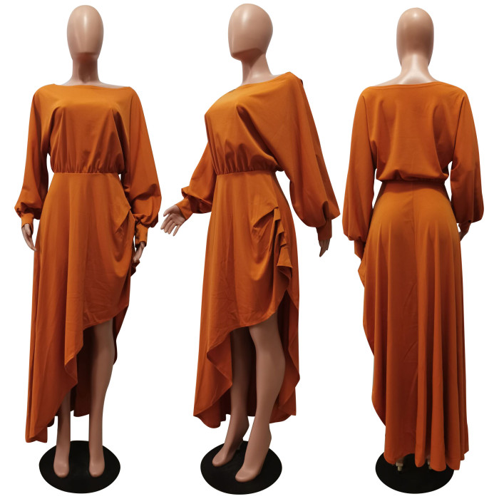 Fall Solid Color Off Shoulder Ruffled Slit Dress 