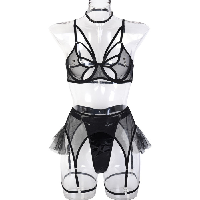 Hollow Chest Ring Mesh Leather Four piece Set
